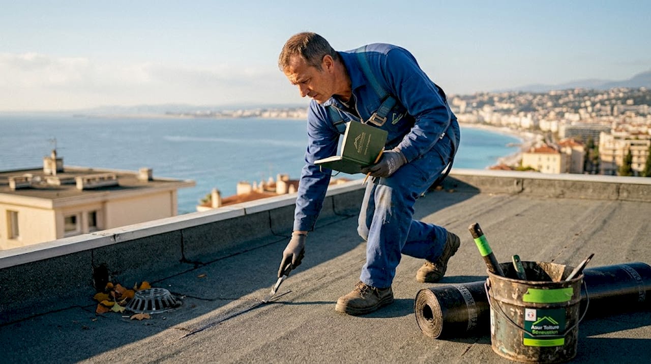 Un professionnel de la toiture examine l’état d’un toit-terrasse afin de vérifier son bon entretien.