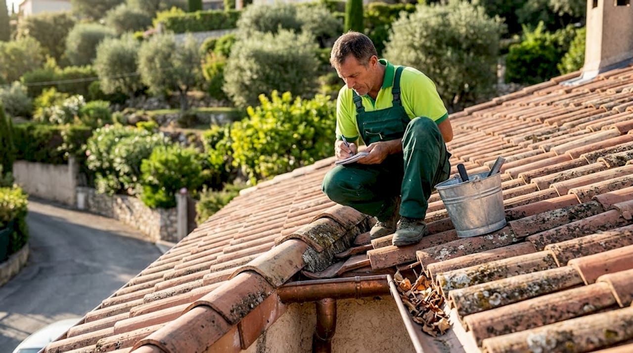 Un professionnel du bâtiment examine attentivement la toiture en pente depuis le toit.