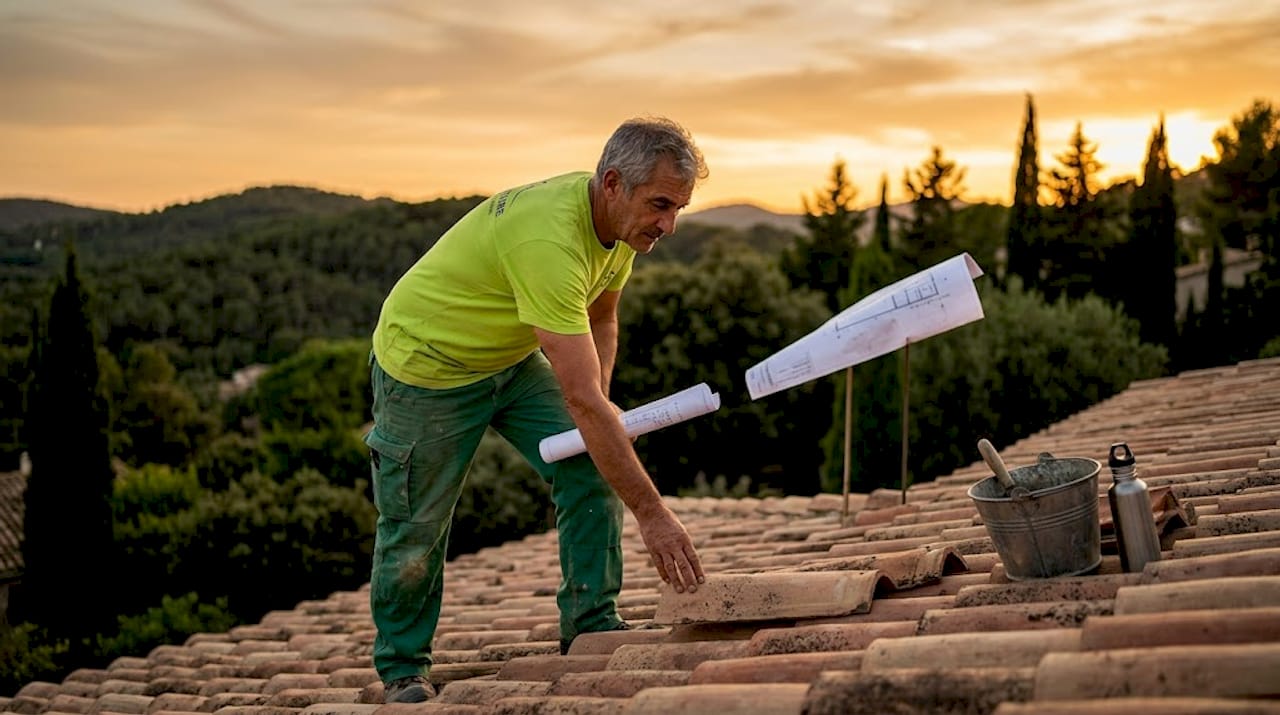 Un couvreur procède à l’inspection d’une toiture en tuiles dans les Alpes-Maritimes.