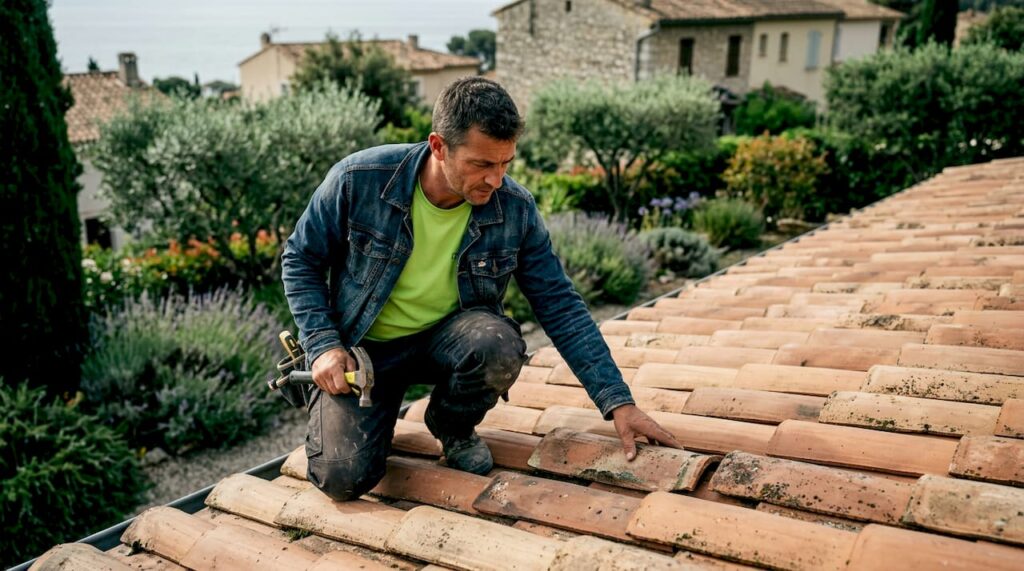 Un couvreur inspecte l’état des tuiles en terre cuite sur la toiture.