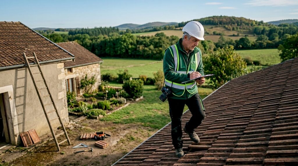 Un expert en toiture inspecte minutieusement un toit recouvert de tuiles.