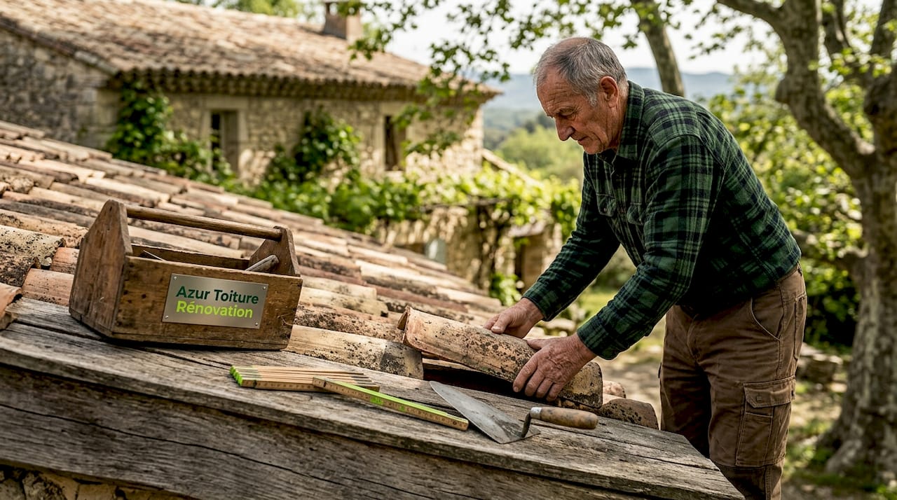 Un couvreur en train de replacer une tuile ancienne sur une toiture