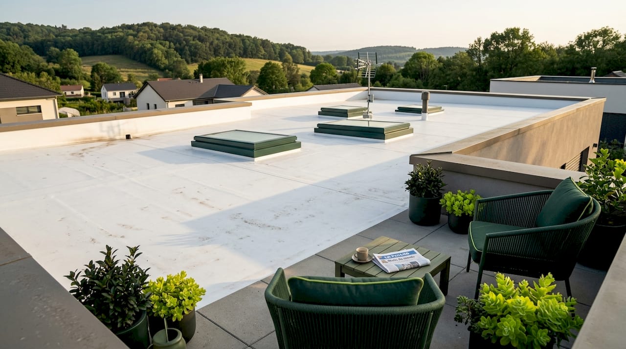 Vue sur un toit-terrasse légèrement incliné avec espace aménagé pour la détente
