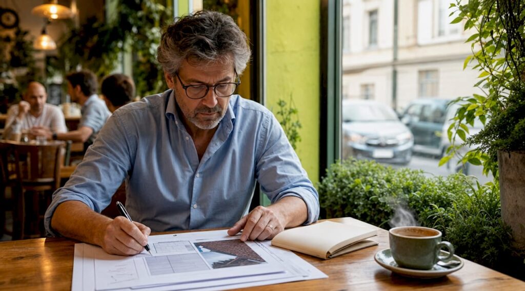 Un chef d’entreprise examine les documents financiers liés à la rénovation de sa toiture.