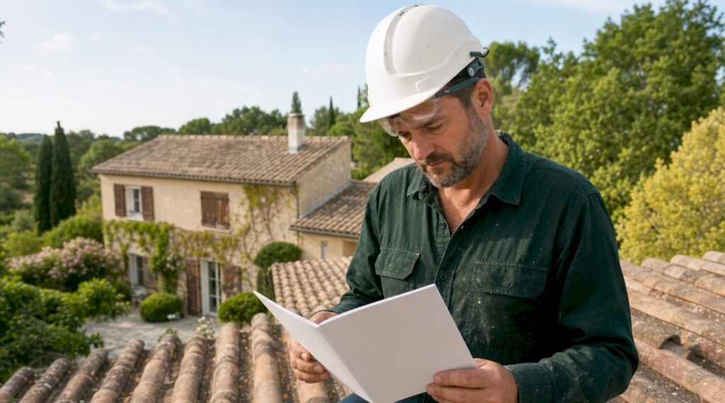 Un couvreur consulte son manuel de certification directement sur le toit.