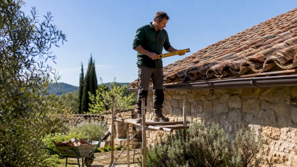 Un homme examine l’état des tuiles sur le toit d’une maison située en périphérie.