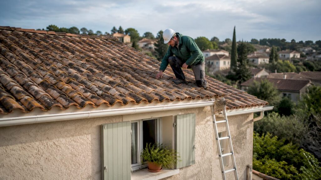 Un couvreur examine l’état de la toiture en tuiles de terre cuite d’une maison.