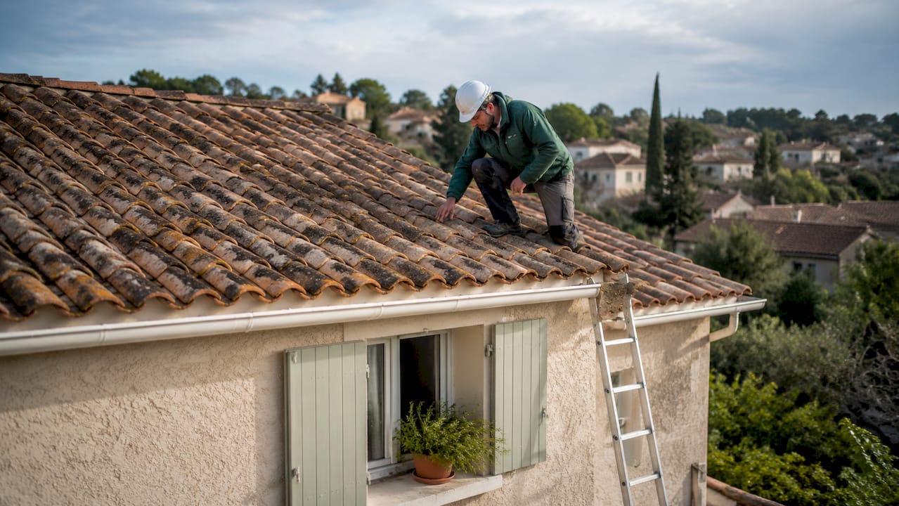 Un couvreur examine l’état de la toiture en tuiles de terre cuite d’une maison.