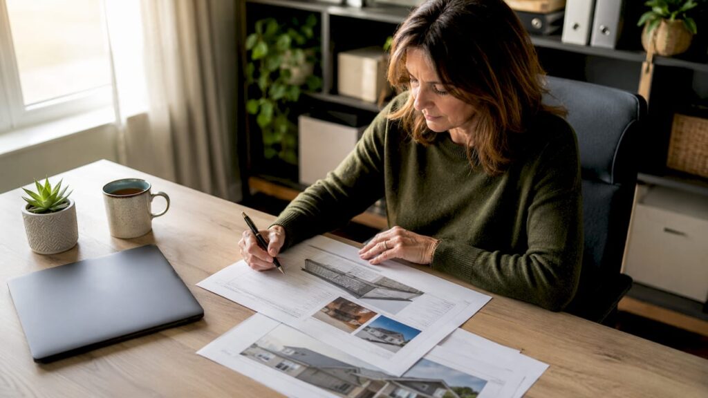 Un propriétaire examine un devis pour la réfection de sa toiture, installé à la table de sa cuisine.