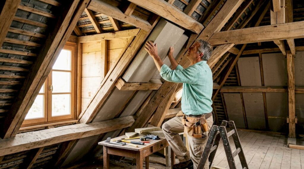 Un couvreur pose des panneaux isolants pour améliorer l’isolation thermique de la toiture depuis l’intérieur du bâtiment.