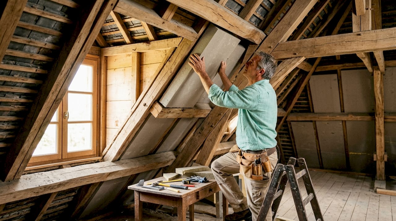 Un couvreur pose des panneaux isolants pour améliorer l’isolation thermique de la toiture depuis l’intérieur du bâtiment.