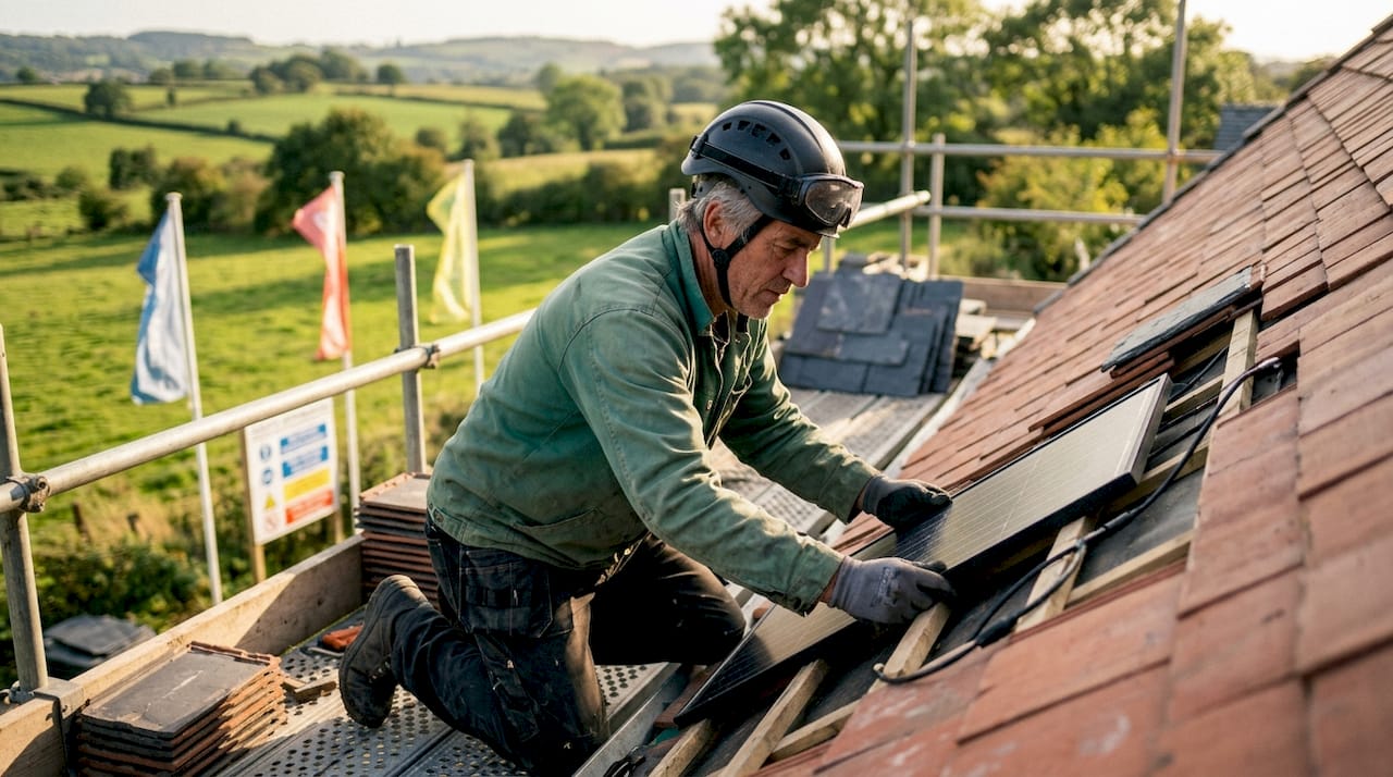 Pose de tuiles solaires par un artisan couvreur