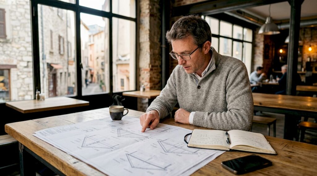 Consultant analysant des plans de toiture, vue de profil