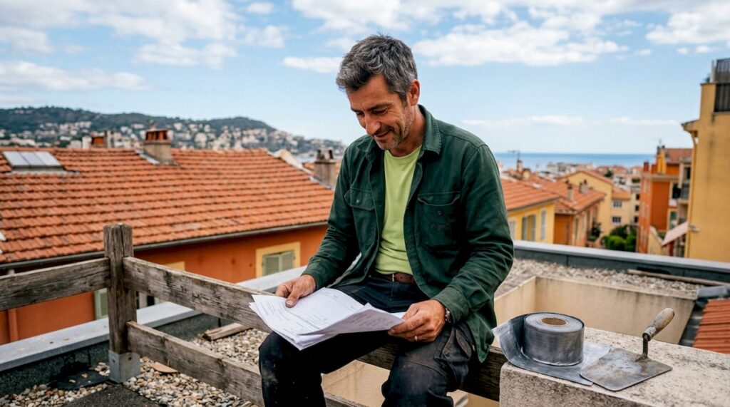Sur le chantier, l’artisan examine attentivement le devis des travaux de toiture.