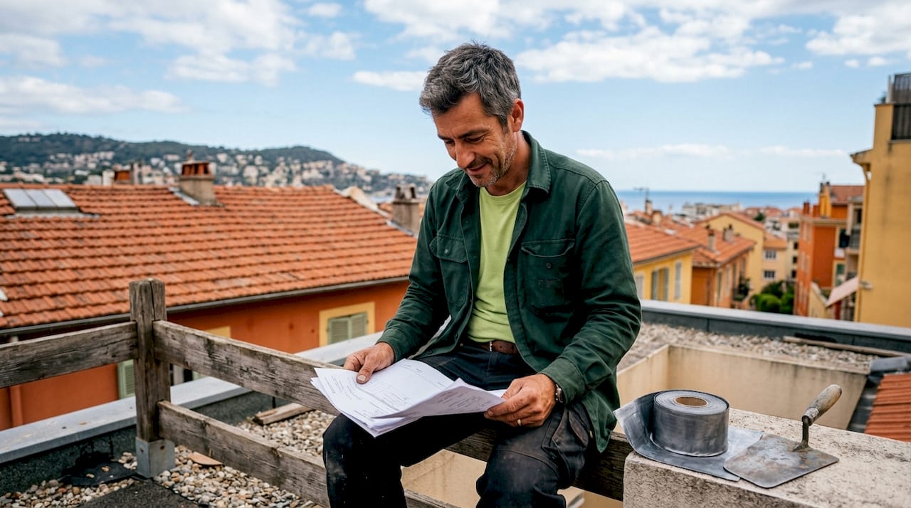 Sur le chantier, l’artisan examine attentivement le devis des travaux de toiture.
