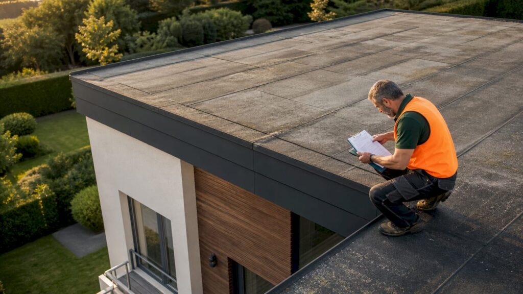 Un professionnel examine l’état des tuiles sur le toit afin de détecter d’éventuels problèmes.