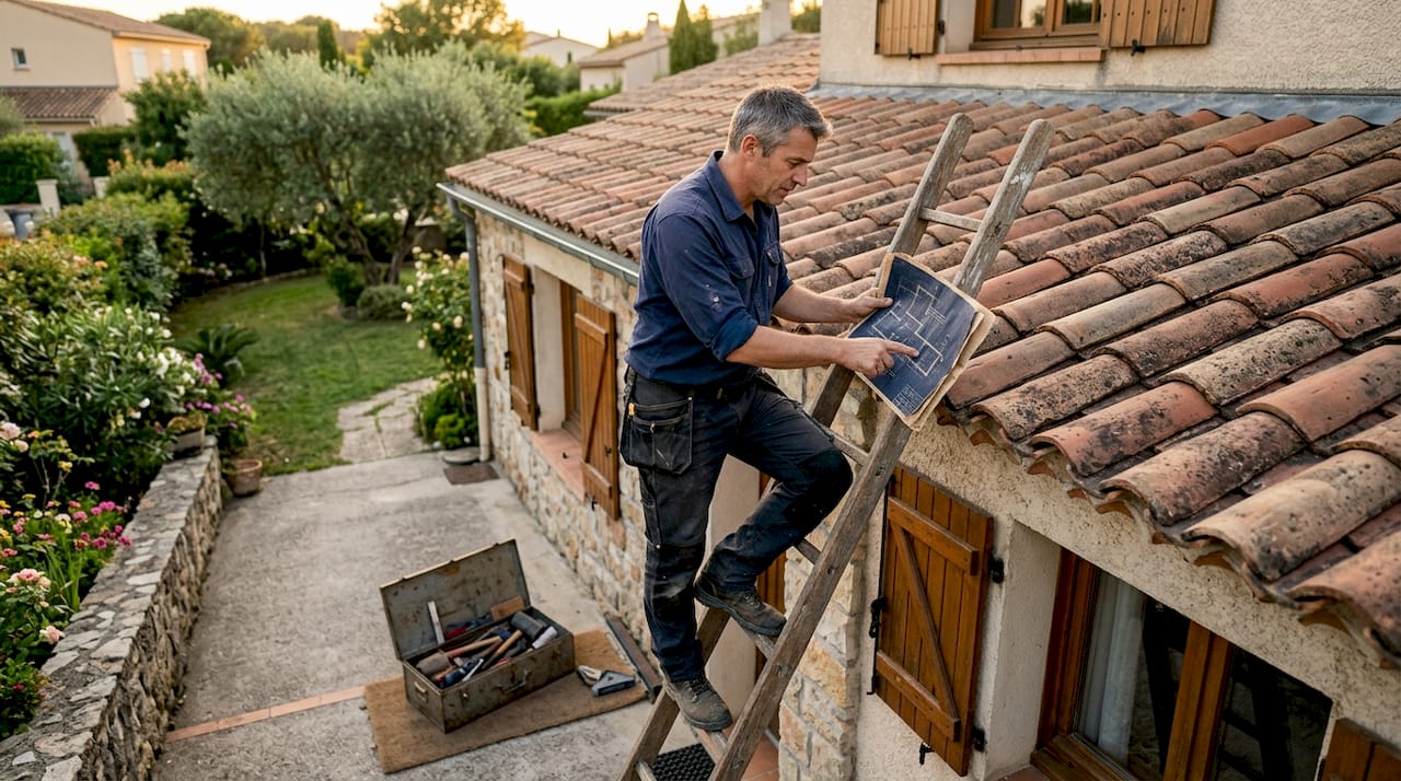 Un locataire vérifie l’avancée des travaux de réparation sur le toit, à l’extérieur.