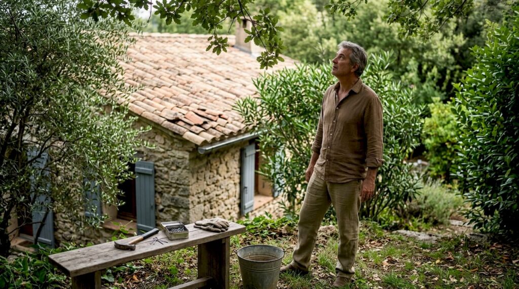 Un propriétaire observe l’état de sa toiture depuis son jardin.