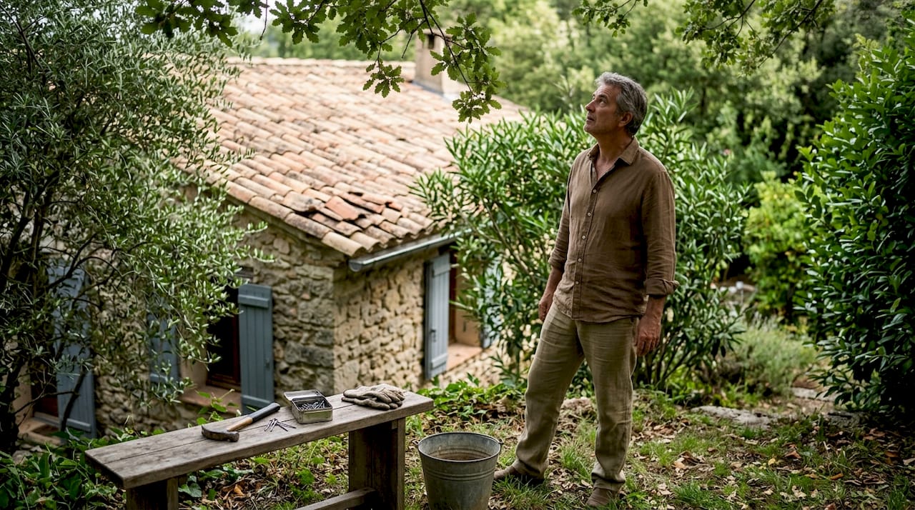 Un propriétaire observe l’état de sa toiture depuis son jardin.