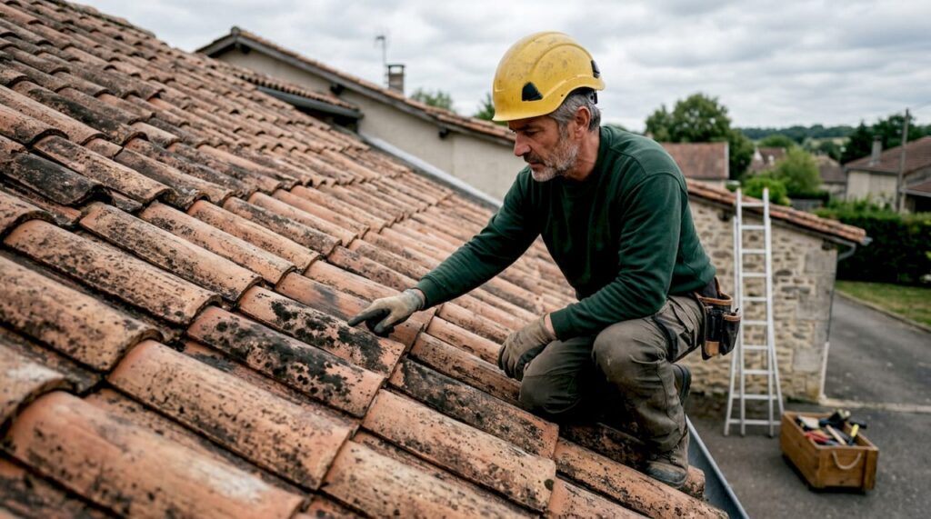 Un couvreur examine des traces de moisissure sur la toiture.