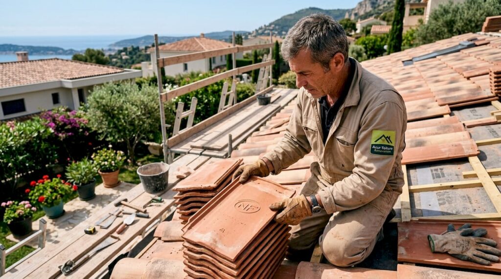 Un couvreur examine l’état de tuiles en terre cuite certifiées NF posées sur une toiture.