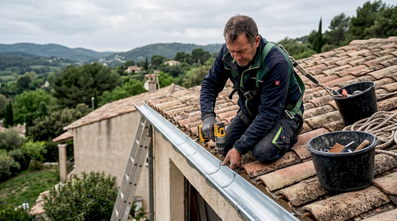 Un couvreur pose une gouttière en zinc le long de l’avant-toit.