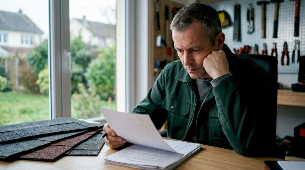 Un couvreur en train d’étudier les documents juridiques liés à son métier