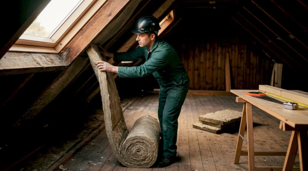 Un professionnel en train de poser l’isolation sous les combles