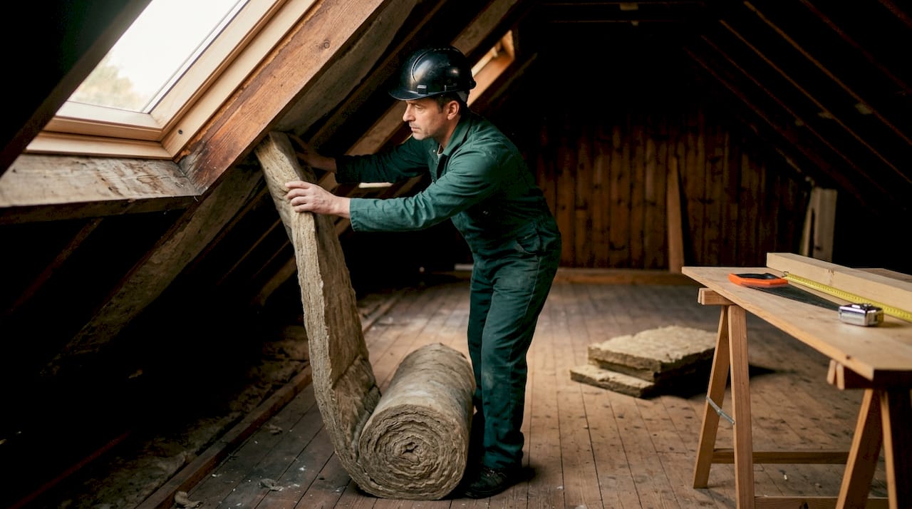 Un professionnel en train de poser l’isolation sous les combles