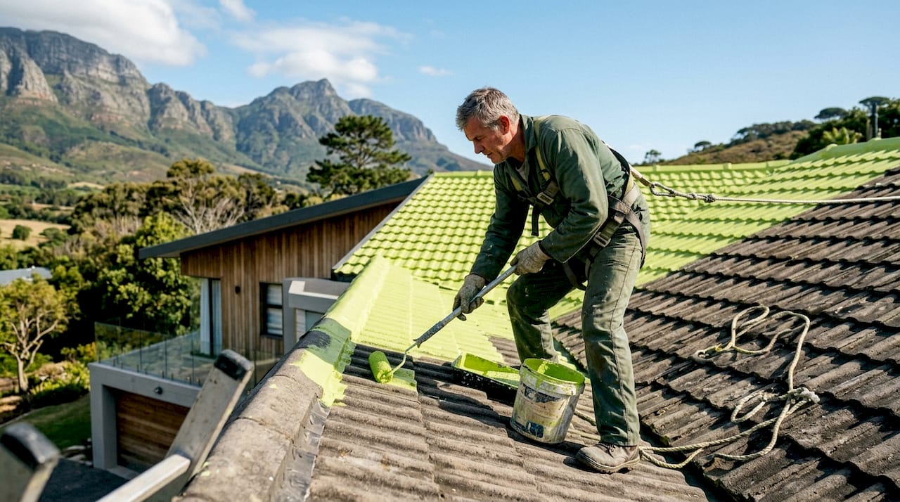 Un couvreur est en train de peindre une toiture en tuiles de terre cuite à l’extérieur.