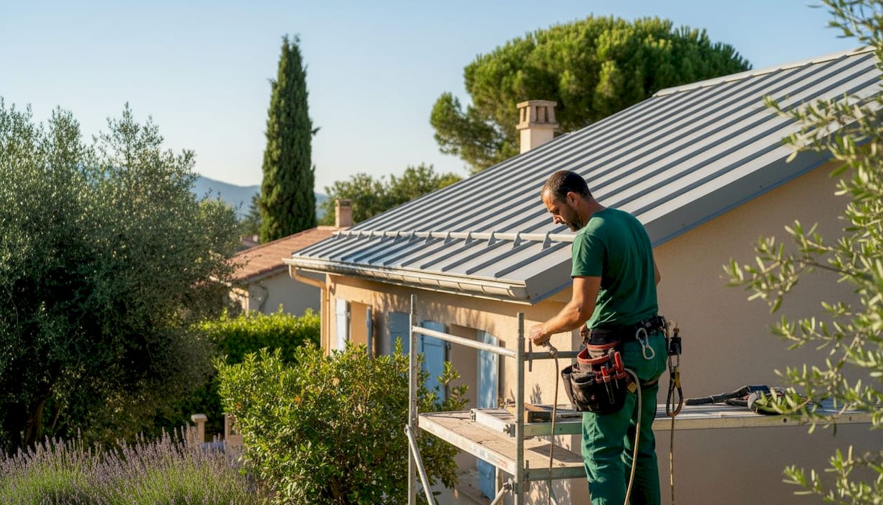 Une maison dont le toit en zinc scintille sous les rayons du soleil.