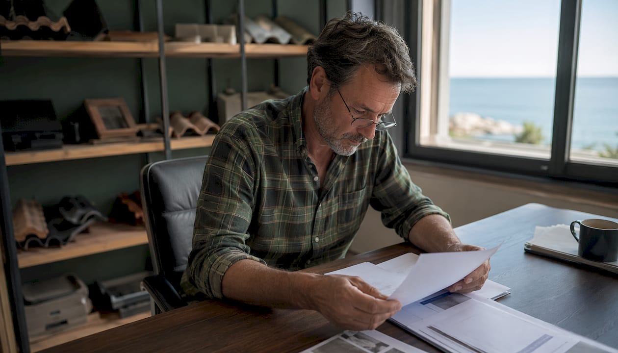 Un spécialiste examine en détail les documents d’assurance liés à la toiture pour s’assurer que tout est en règle et conforme aux besoins du client.