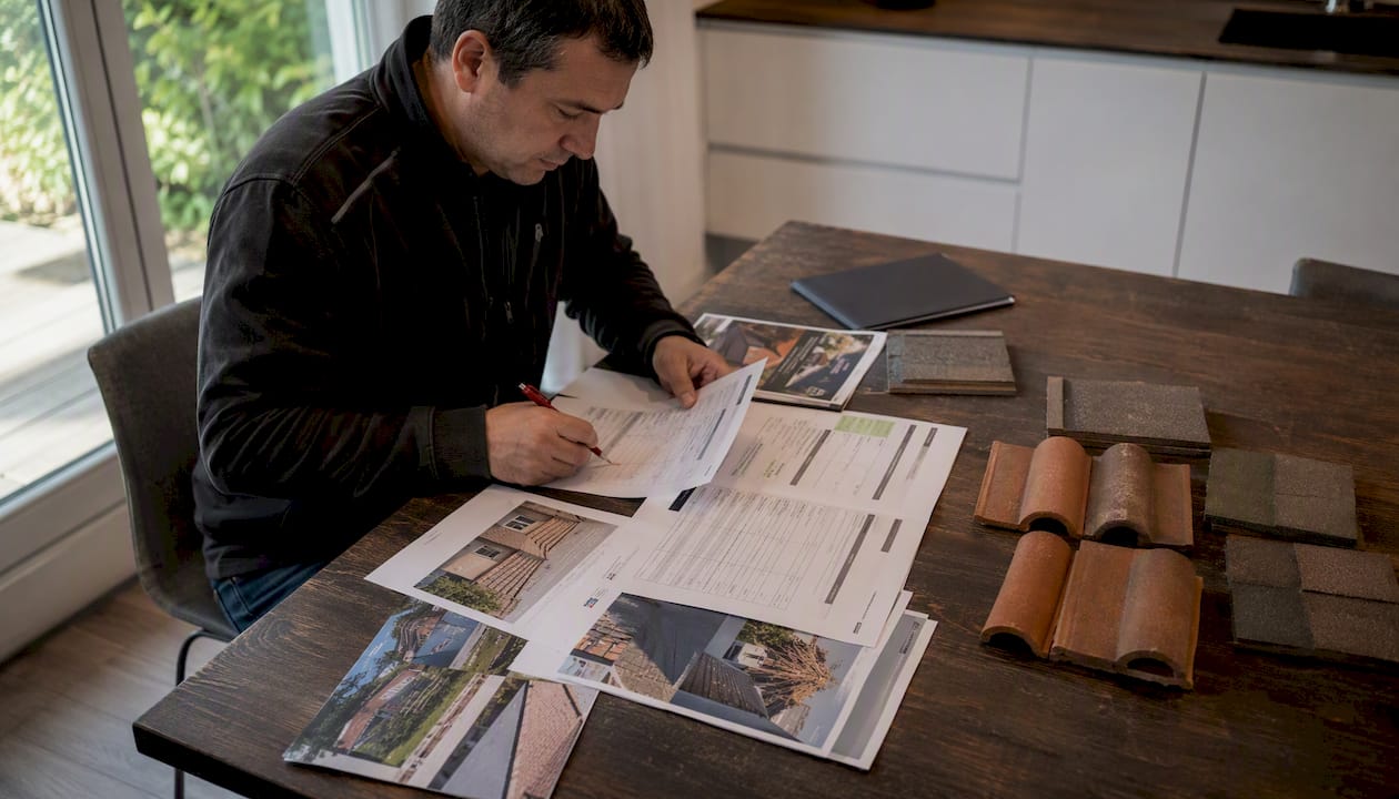 Un professionnel examine et compare différents devis pour la toiture depuis son bureau à domicile.