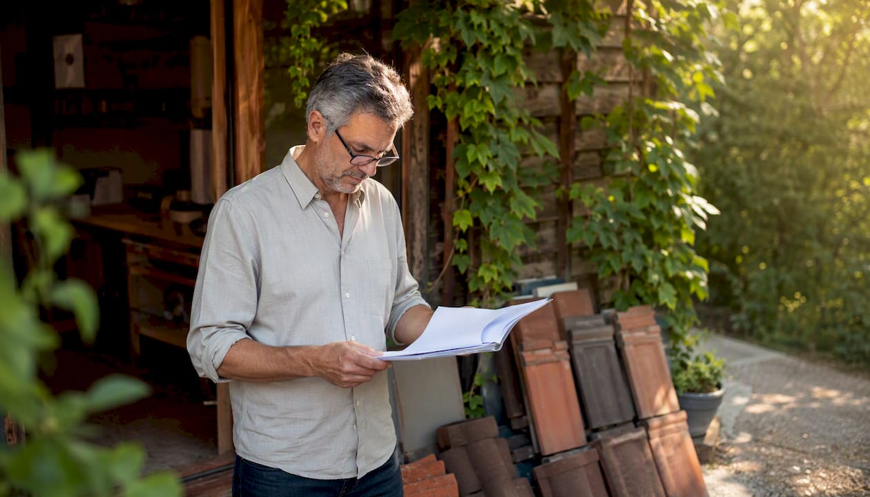 Un artisan couvreur consulte son certificat RGE dans son bureau, veillant ainsi à la conformité de ses qualifications.