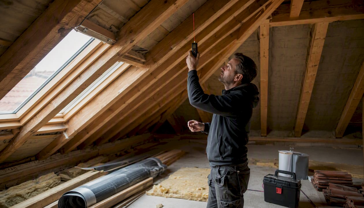 Un couvreur prend les mesures de la hauteur sous plafond dans les combles.
