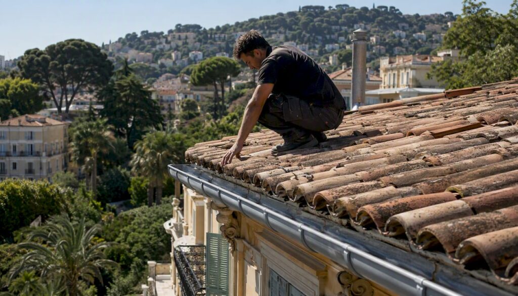 Un couvreur procède à l’inspection des tuiles sur le toit d’une copropriété.