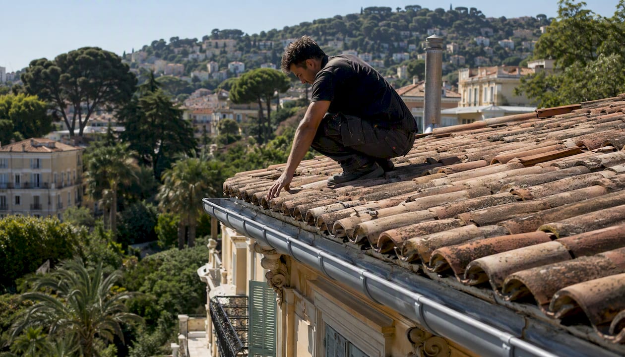 Un couvreur procède à l’inspection des tuiles sur le toit d’une copropriété.