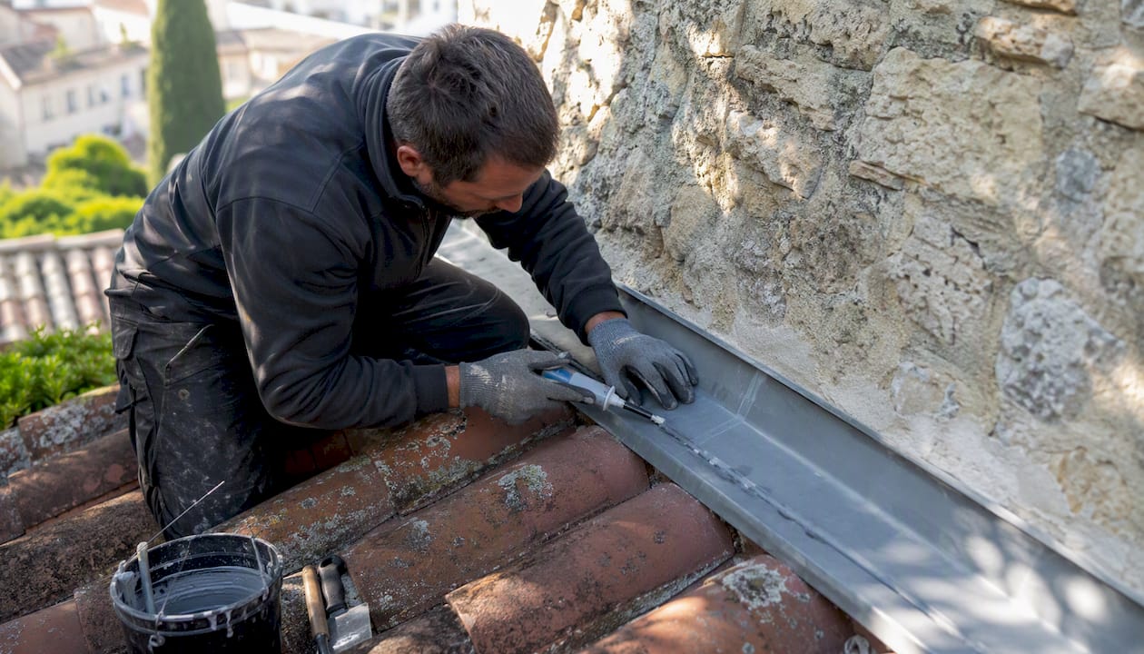 Un couvreur en train d'appliquer du mastic sur les joints d'étanchéité de la toiture.