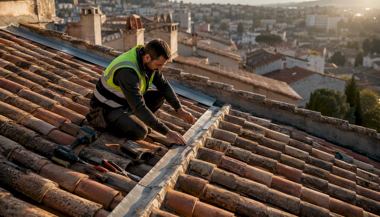 Un couvreur réalise l’inspection du toit d’un appartement typiquement méditerranéen.