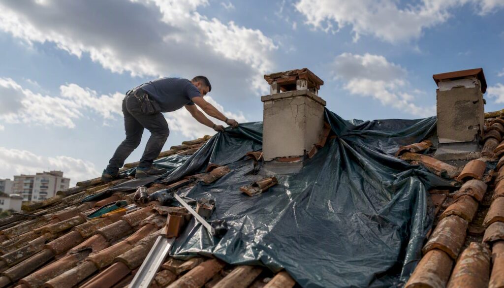 Un technicien intervient en urgence pour réparer la toiture en tuiles d’un immeuble.