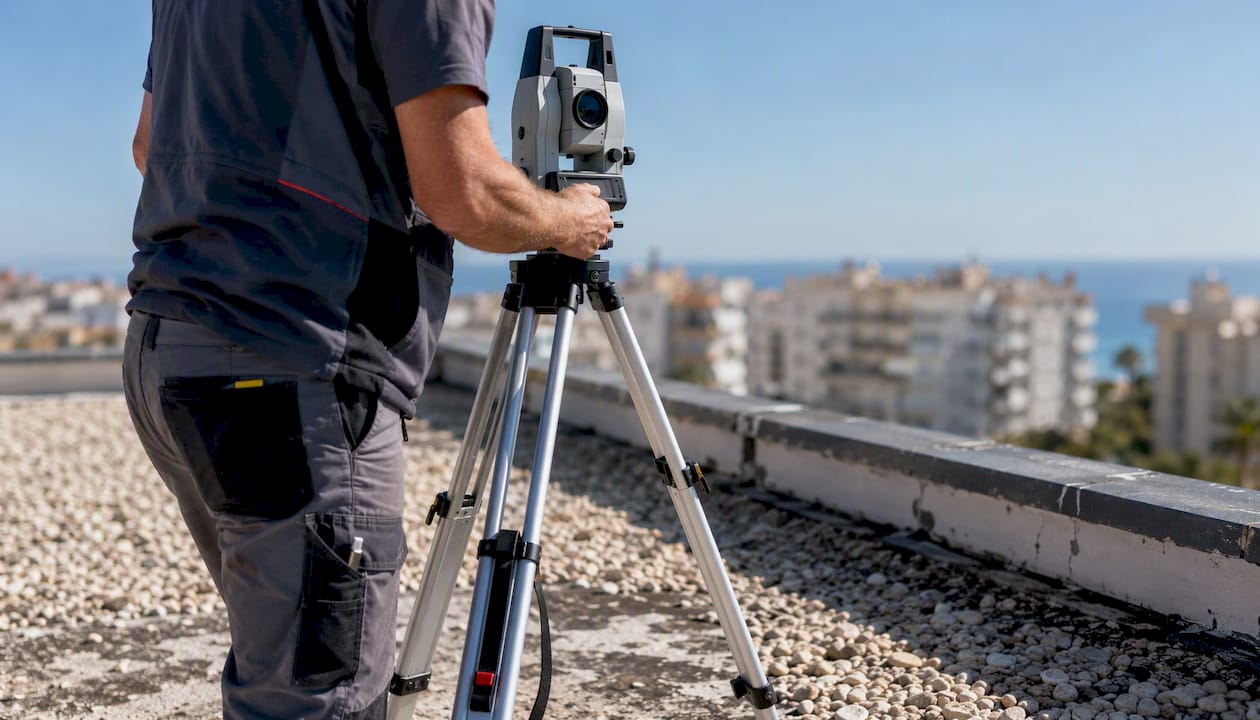 Géomètre en train de vérifier l’inclinaison d’une terrasse sur le toit