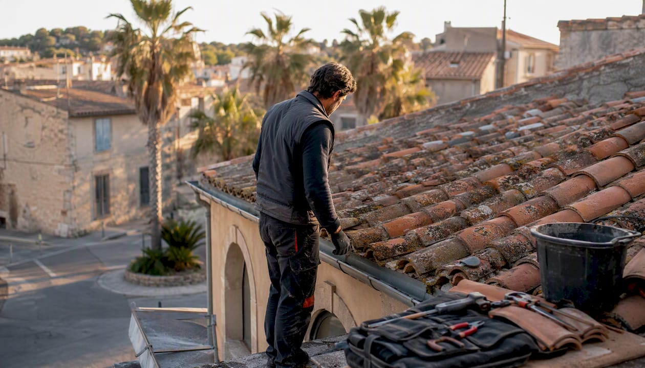 Un couvreur procède à l’inspection de la toiture en tuiles d’un bâtiment commercial.