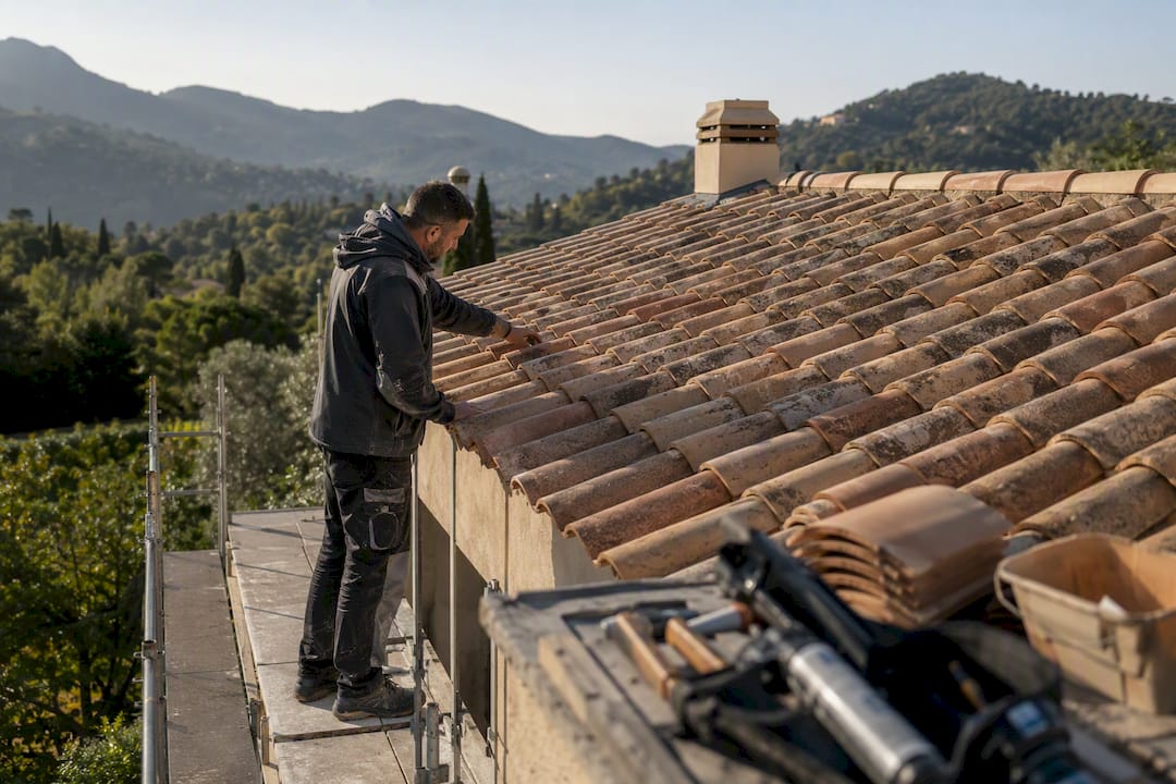 Un couvreur vérifie l’état d’une toiture en tuiles typiquement méditerranéenne.
