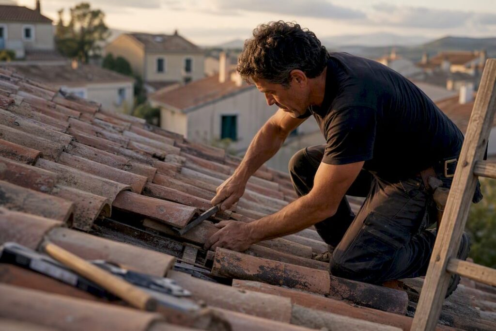 Artisan soulevant une tuile cassée sur un toit