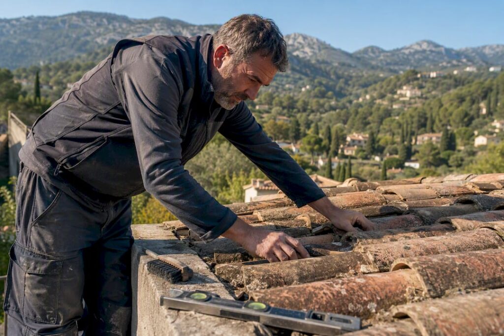 Couvreur inspectant des tuiles de toit vieillies